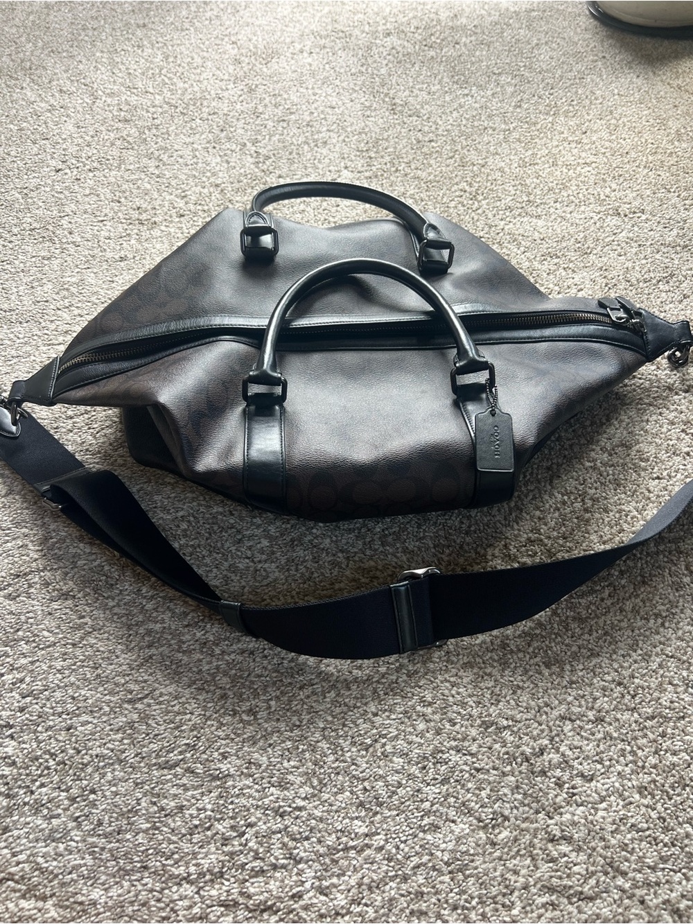 Coach Brown Signature Leather Duffel Bag with Black Strap